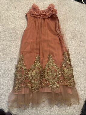 Elegant Girls' Prom Dress- Ruffled Neck Embroidered Dress - Dusty Rose with Gold
